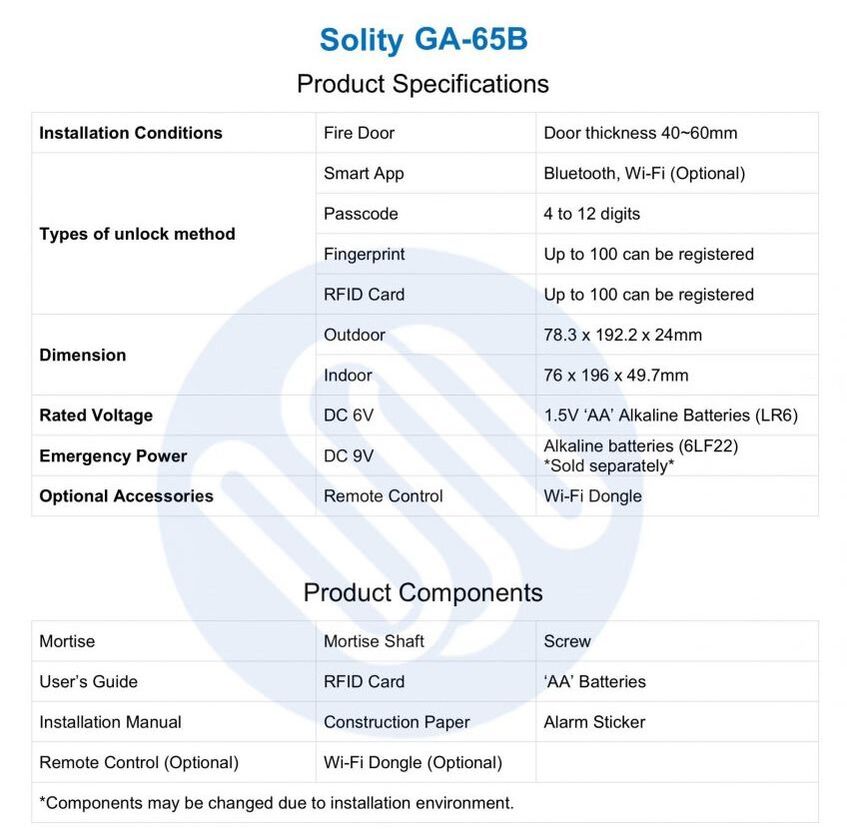 Specifications for Solity GA-65B Rim Digital Door Lock