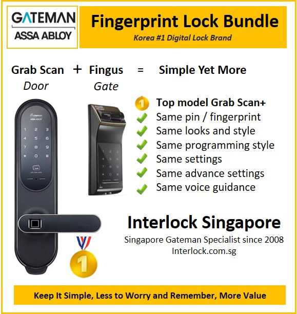 Singapore Assa Abloy Gateman Door and Gate Digital Lock Bundle 3 with premium mortise lock using G-Grab Scan+ and Gateman Fingus.