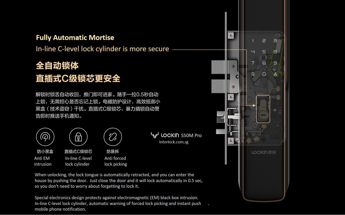 Lockin S50M Pro Finger Vein Smart Door Lock in Singapore. 鹿客全自动猫眼指静脉识别锁推拉款S50M c-level key cylinder more secure