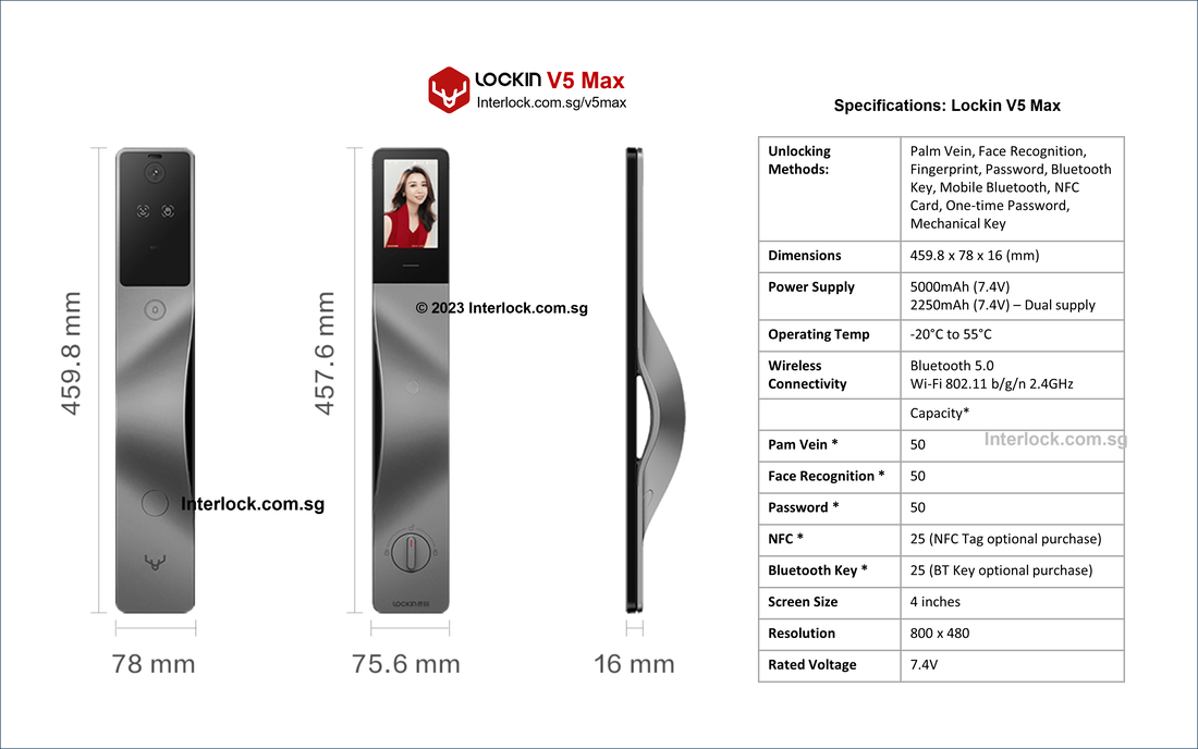 Dimensions and Specifications for Lockin V5 Max Palm Vein and Face Recognition Smart Door Lock from Interlock Singapore