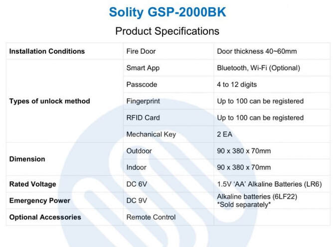 Solity Smart Lock GSP-2000BKF Specifications from Interlock Singapore