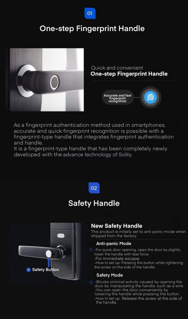 Solity GM-6000BKF has lever handles with additional functions including a fingerprint scanner and a child-safety and intrusion prevention button.
