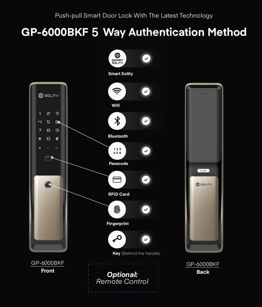 Solity GP-6000BKF One Touch Push Pull Handle Smarrt Door Lock 5-ways authentication from Interlock Singapore