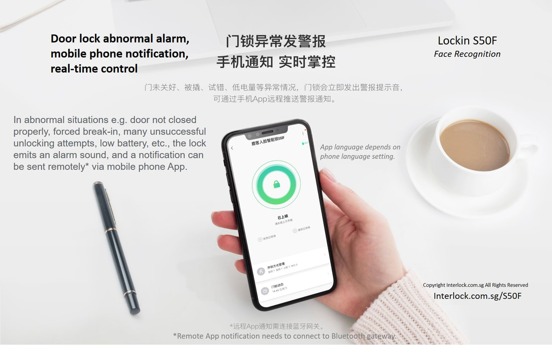 Lockin S50F 3D Facial Recognition Smart Lock senses abnormal lock situations and sends alarm notification via Mijia mobile App from Interlock Singapore