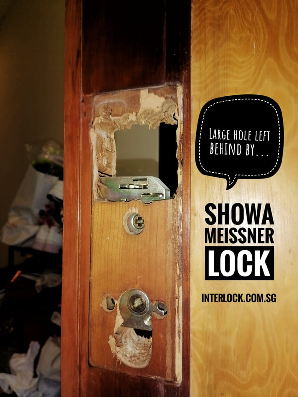 Showa Meissner door lock in Singapore. Repair and replacement considerations. Interlock Singapore. Big hole in door.