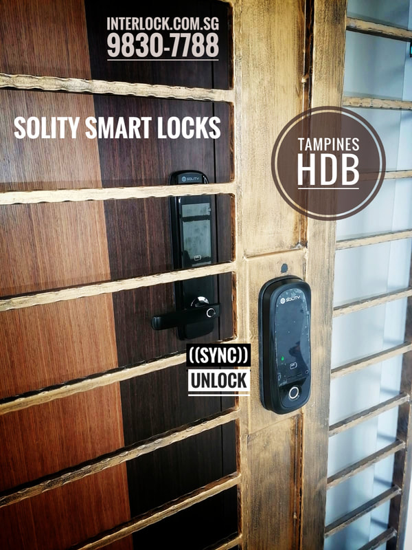 Solity GD-65B Smart Gate Lock and Solity GM-6000 smart door lock bundle at Tampines HDB Interlock Singapore - front view